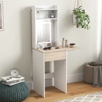 HOMCOM Small Vanity Desk with Mirror and LED Lights, Compact Dressing Table with Drop Leaf, Open Shelves and Drawer, White(m-8)