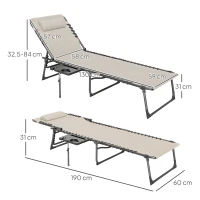 Outsunny Bain de soleil pliante dossier réglable sur 5 niveaux, plateau, appuie-tête, poche latérale 60x190x31cm, crème(m-3)