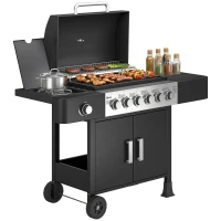 Outsunny Barbecue à gaz 6+1 brûleurs, chariot d'extérieur avec roues, grille de maintien au chaud, thermomètre, étagères latérales, noir(m-11)