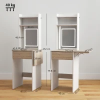 HOMCOM Small Vanity Desk with Mirror and LED Lights, Compact Dressing Table with Drop Leaf, Open Shelves and Drawer, White(m-3)