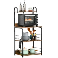 HOMCOM 4-Tier Baker's Rack, Microwave Stand with 4 Hooks, Kitchen Storage Unit for Spices, Pots and Pans, Rustic Brown(m-10)