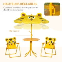 Outsunny Kids 4-Piece Garden Set Tiger Design - Round Table + 2 Folding Chairs + Parasol - Epoxy Metal Oxford Yellow(m-5)