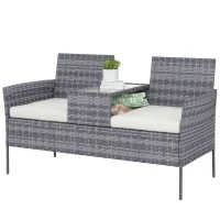 Outsunny Banc de Jardin en résine tressée 2 Places avec Table et Coussins - 135 x 64 x 81 cm - pour Balcon et Terrasse Noir(m-1)