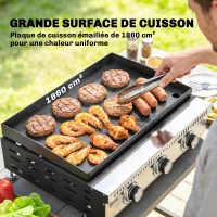 Outsunny Plancha gaz 9 kW 3 brûleurs en acier inoxydable, surface cuisson 56,5 x 33 cm, bac de récupération des graisses, noir(m-5)