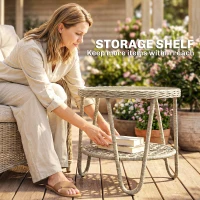 Outsunny Stolik boczny z rattanu PE, dwupoziomowy stolik kawowy z półką, szkło, regulowane nóżki, 65 x 65 x 50 cm, żółty(m-4)