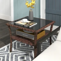 Outsunny Two-tier PE Rattan Square Coffee Table - Brown(m-2)