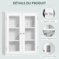 kleankin Bathroom wall cabinet, bathroom wall unit with 2 glass doors, adjustable shelf, 55x20x65cm, white(m-6)