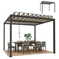 Outsunny 3 x 3 m Louvered Pergola with PC Roof, Aluminium Patio Gazebo Pergola Canopy with Drainage Gutters, Handle, Coffee(m-10)
