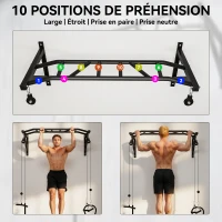 SPORTNOW Barre de traction murale barre de fitness multi-prise système de poulie à câble charge 200kg, acier 126x60x45,5cm, noir(m-4)