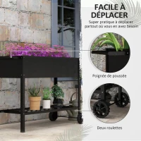 Outsunny Raised Garden Planter on Legs dim. 109L x 39l x 80H cm Shelf 2 Wheels + Irrigation Insert Metal Black(m-4)