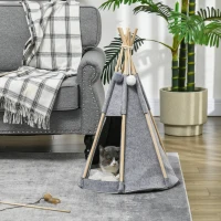 PawHut Tente tipi pour animaux teepee chat ou chien coussin épais 2 pompons inclus structure bois de pin feutrine peluche gris(m-10)