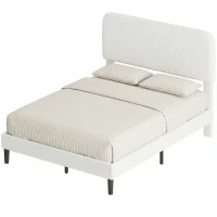 HOMCOM Cadre de Lit 140x190cm avec Sommier, Tête de Lit Réglable, Lit Double Rembourré en Velours Teddy, Lattes en Métal, Blanc(m-1)