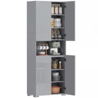 HOMCOM 180 cm Tall Kitchen Cupboard, Pantry Storage Cabinet with Soft Close Doors and Adjustable Shelves, High Gloss Grey(m-10)