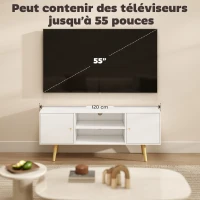 HOMCOM Meuble TV style scandinave 2 portes 2 niches passe-fils piètement bois pin panneaux blanc - 120 x 34 x 50 cm blanc(m-7)