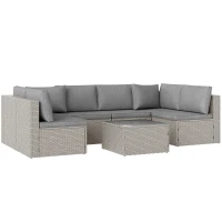 Outsunny 7 Pieces Rattan Garden Furniture Set, 6 Seater Garden Corner Sofa with Cushions and Glass Top Table, Sectional Outdoor Furniture Conservatory Set for Patio, Grey(m-1)