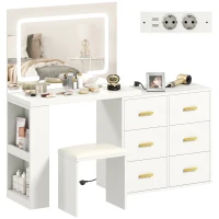 HOMCOM Coiffeuse avec miroir et tabouret, table de maquillage avec éclairage LED réglable, 6 tiroirs, 118 x 78 x 135 cm, blanc(m-1)