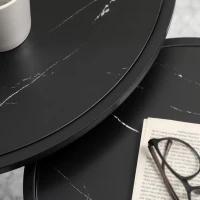 HOMCOM Set of 2 Round Nesting Stackable Coffee Tables, Marble-Effect Wooden Top and Metal Legs, Black(m-7)
