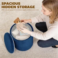 HOMCOM Storage Ottoman Modern Velvet Round Foot Stool for Living Room Bedroom 45 cm Blue(m-5)