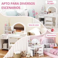 AIYAPLAY Coiffeuse maquillage pour fille Coiffeuse enfant avec tabouret et miroir à LED 1 tiroir armoire et 5 étagères blanc(m-4)