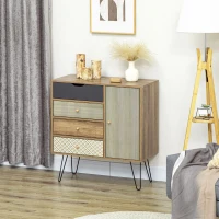 HOMCOM Meuble de rangement commode buffet 4 tiroirs 1 placard - pieds épingles à cheveux style bohème 79 x 39 x 86 cm marron(m-10)