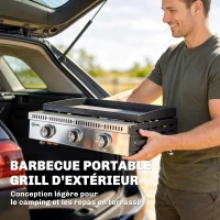 Outsunny Plancha gaz 9 kW 3 brûleurs en acier inoxydable, surface cuisson 56,5 x 33 cm, bac de récupération des graisses, noir(m-8)