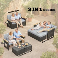 Outsunny Double Garden Rattan Daybed, Wicker Sun Bed Chaise Lounger with Storage Ottoman, 4-Level Adjustable Backrest, Dark Grey(m-4)