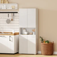 HOMCOM Buffet haut cuisine, armoire de cuisine, 4 portes à fermeture douce et étagères réglables, 68x34x180cm, blanc brillant(m-10)