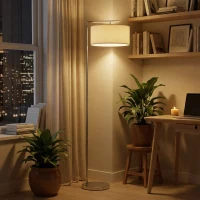 HOMCOM Floor Lamp, Modern Standing Lamp with Linen Lampshade, Round Base for Living Room, Bedroom, Dining Room, 153cm, Silver Tone(m-2)