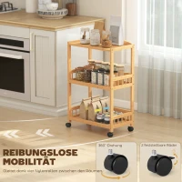 HOMCOM Küchenwagen Rollwagen mit 3 Ebenen, Servierwagen mit Stauraum Küchenregal auf Rollen, für Küche Bad Büro Naturholz(m-5)