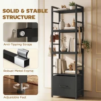 HOMCOM 4-Tier Bookshelf, Narrow Bookcase with Drawer, 8 Hooks, Metal Frame, Black(m-6)