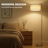 HOMCOM Floor Lamp, Modern Standing Lamp with Linen Lampshade, Round Base for Living Room, Bedroom, Dining Room, 153cm, Silver Tone(m-4)