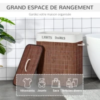 HOMCOM Panier à linge 100L avec 2 bacs bambou pliable couvercle poignée avec Sac amovible et lavable marron(m-4)