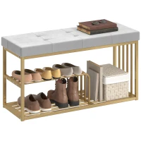 HOMCOM Bench and Shoe Storage, Tufted Shoe Storage Bench with Velvet Seat Cushion Gold Steel Frame for Entryway, Grey(m-10)