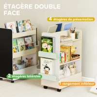 AIYAPLAY Bibliothèque pour enfant avec roulettes, rangement livre enfant de 3 à 8 ans avec tableau noir, 66,5x32,5x86,5cm, blanc(m-4)