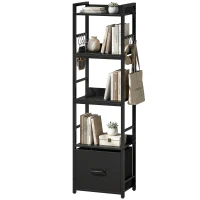 HOMCOM 4-Tier Bookshelf, Narrow Bookcase with Drawer, 8 Hooks, Metal Frame, Black(m-11)