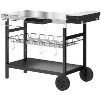 Outsunny Carrinho de Jardim de 3 Níveis, Tampo em Aço Inoxidável, Rodas, Ganchos, Cesto Removível, Pega Lateral, 114x61x81cm, Preto(m-7)