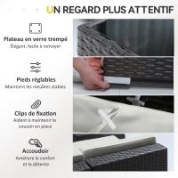 Outsunny Ensemble salon de jardin 7 pièces modulables, coussins déhoussables inclus, table basse avec plateau verre trempé, en résine tressée, brun foncé(m-7)