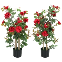 HOMCOM 90cm Artificial Rose Tree Set of 2, Decorative Fake Plant with 344 Silk Leaves 17 Flowers for Outdoor Indoor Decor, Red