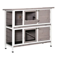 PawHut Solid Wood Rabbit Hutch 2-Level Lift-Top Roof with Feeder Sliding Trays 4 Doors 122 x 50 x 101 cm Gray White(m-1)