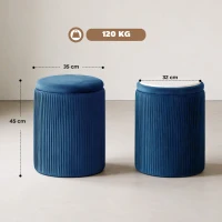 HOMCOM Storage Ottoman Modern Velvet Round Foot Stool for Living Room Bedroom 45 cm Blue(m-3)