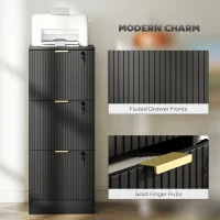 HOMCOM Filing Cabinet, Fluted Vertical File Cabinet with 3 Lockable Drawers and Hanging Rails, Black(m-8)