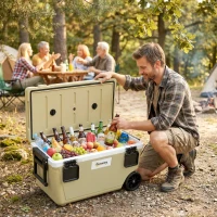 Outsunny 70L Insulated Cool Box with Wheels, Portable Ice Cooler with Handle, Lid and Drain Valve, Khaki(m-2)