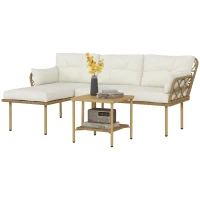Outsunny Set mobilier grădină colțar 4 persoane, 3 piese cu măsuță și perne confortabile incluse, ratan împletit, crem(m-10)