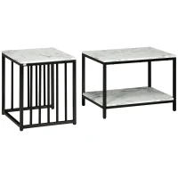 HOMCOM Set of 2 side tables nesting stackable coffee tables with marble-effect wood-look top black metal frame(m-11)