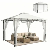 Outsunny Pavillon, 3x3,6 m wasserabweisend Stabil Gartenpavillon mit Moskitonetz, Doppeldach, für Garten, Terrasse, Schwarz(m-11)