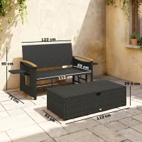 Outsunny Double Garden Rattan Daybed, Wicker Sun Bed Chaise Lounger with Storage Ottoman, 4-Level Adjustable Backrest, Dark Grey(m-3)