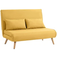 HOMCOM Sofá Cama de 2 Plazas Plegable Sofá Cama Tapizado en Lino con Respaldo Ajustable 5 Posiciones 2 Almohadas Amarillo(m-1)