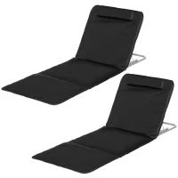 Outsunny Set of 2 Foldable Garden Beach Chair Mat Lightweight Outdoor Sun Lounger Seats Adjustable Back Metal Frame PE Fabric Head Pillow w/ Carry Bag, Black(m-11)