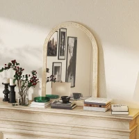 HOMCOM Arched Wall Mirror with Grooved Edge & Hooks, Wall-Mounted Mirror, Modern Tempered Glass & Polystyrene Beige(m-8)
