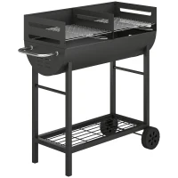 Outsunny Grătar pe cărbune cărucior cu 2 zone de gătit grilă reglabilă pe înălțime raft pentru lemne roți mâner lateral, 103 x 46,5 x 100cm(m-1)